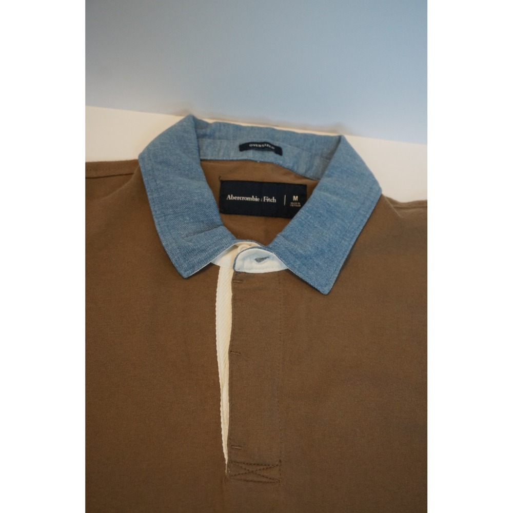Abercrombie & Fitch Mens Oversized Rugby Shirt Brown Denim Collar Long Sleeve M - Picture 5 of 9